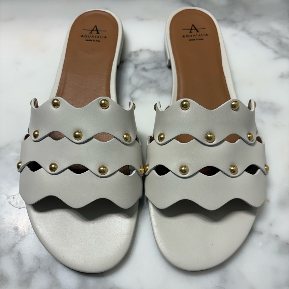 Aquatalia Off-White Slide Sandals with Gold Accents